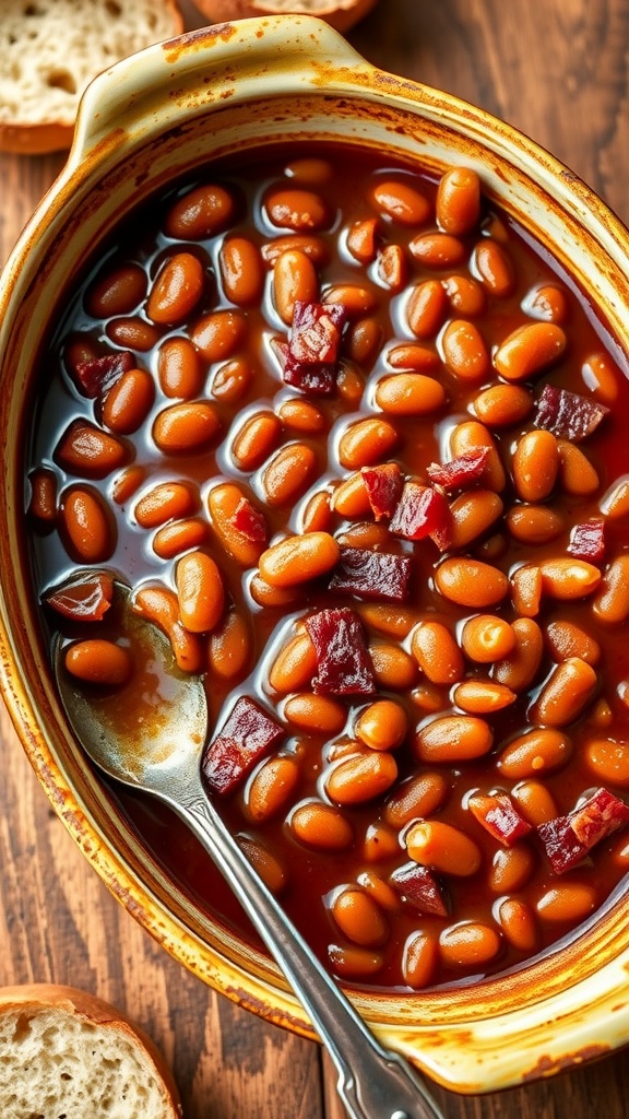 A rustic dish of baked beans with bacon on a wooden table, accompanied by crusty bread.